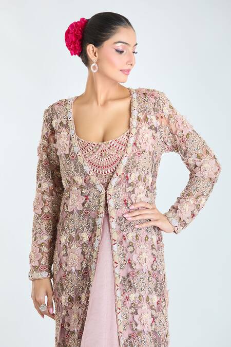 Buy Ridhima Bhasin Pink Silk Beads, Sequins Open Neck, 3d Floral Embellished Jacket Lehenga Set Online at Aza Fashions Buy_Ridhima Bhasin_Pink Silk Beads, Sequins Open Neck, 3d Floral Embellished Jacket Lehenga Set_Online_at_Aza_Fashions