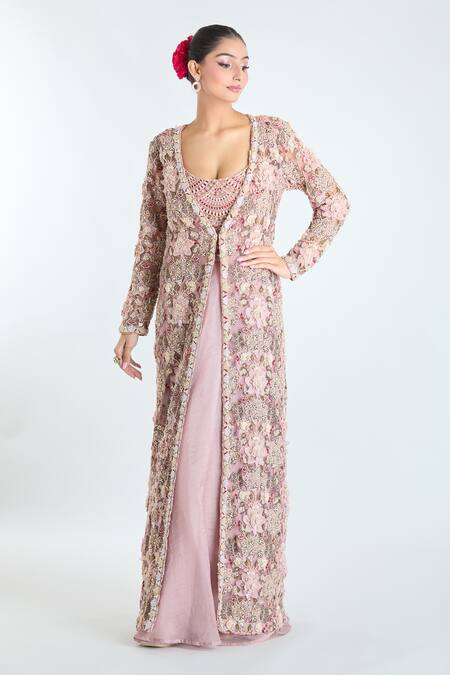 Ridhima Bhasin Pink Silk Beads, Sequins Open Neck, 3d Floral Embellished Jacket Lehenga Set at Aza Fashions Ridhima Bhasin_Pink Silk Beads, Sequins Open Neck, 3d Floral Embellished Jacket Lehenga Set_at_Aza_Fashions