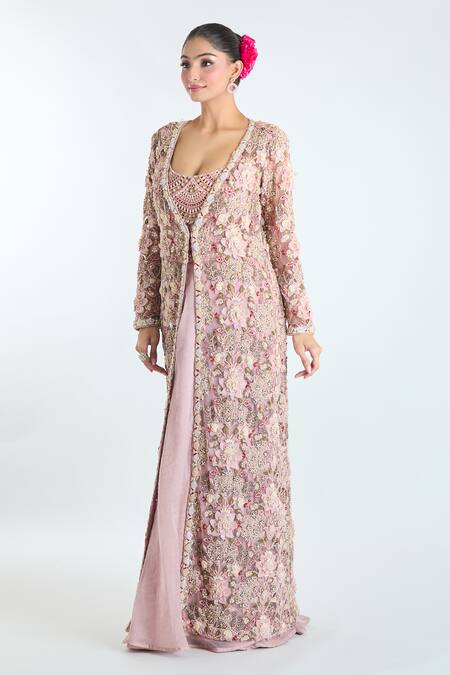 Buy Ridhima Bhasin Pink Silk Beads, Sequins Open Neck, 3d Floral Embellished Jacket Lehenga Set Buy_Ridhima Bhasin_Pink Silk Beads, Sequins Open Neck, 3d Floral Embellished Jacket Lehenga Set
