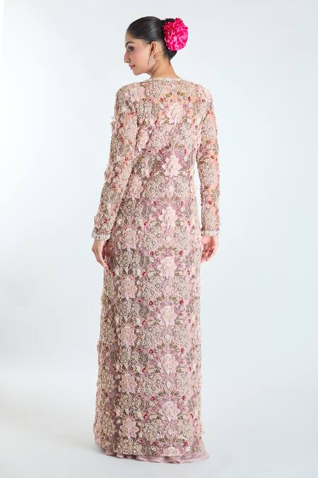 Shop Ridhima Bhasin Pink Silk Beads, Sequins Open Neck, 3d Floral Embellished Jacket Lehenga Set at Aza Fashions Shop_Ridhima Bhasin_Pink Silk Beads, Sequins Open Neck, 3d Floral Embellished Jacket Lehenga Set_at_Aza_Fashions