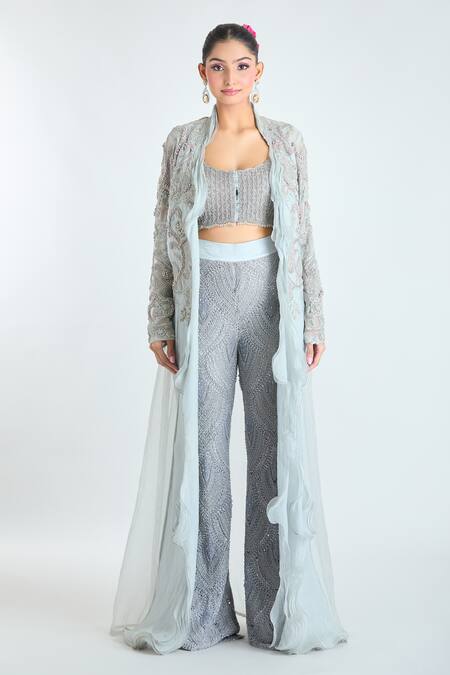 Ridhima Bhasin_Grey Chiffon, Cotton Beads, Embroidery, Cut Work Open Neck Jacket Pant Set _Online_at_Aza_Fashions