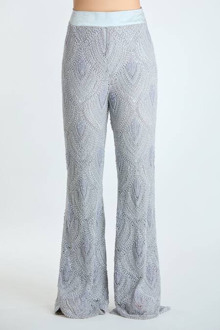 Buy_Ridhima Bhasin_Grey Chiffon, Cotton Beads, Embroidery, Cut Work Open Neck Jacket Pant Set _Online_at_Aza_Fashions