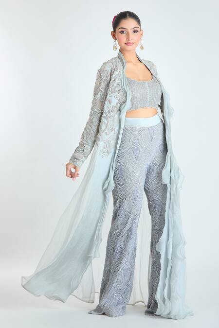 Shop_Ridhima Bhasin_Grey Chiffon, Cotton Beads, Embroidery, Cut Work Open Neck Jacket Pant Set _Online_at_Aza_Fashions