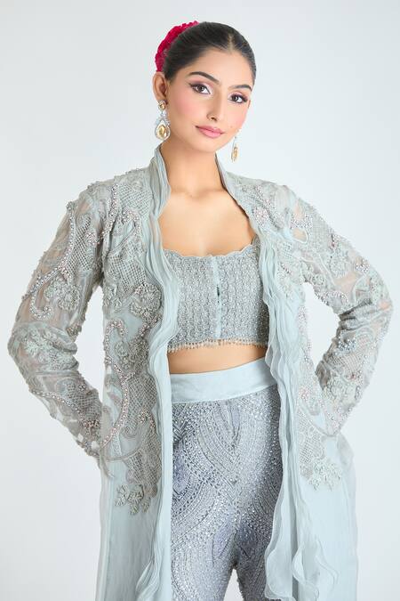 Ridhima Bhasin_Grey Chiffon, Cotton Beads, Embroidery, Cut Work Open Neck Jacket Pant Set _at_Aza_Fashions