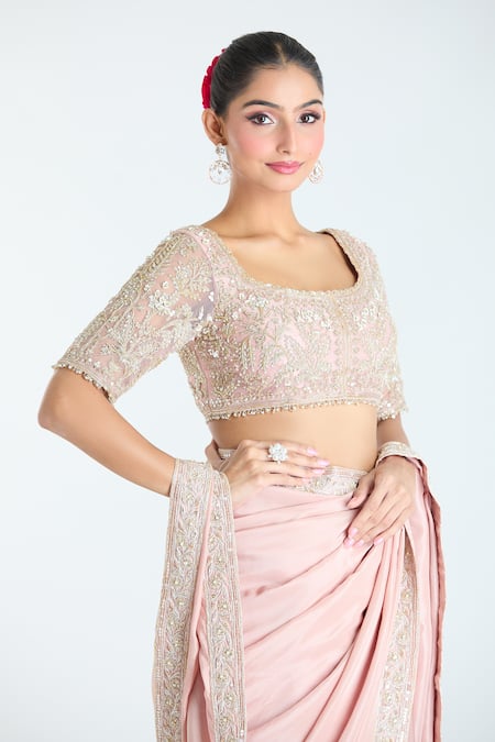 Ridhi Mehra Pink Net Sequins, Zari, Cut Work Floral Border Embroidered Saree With Blouse Online at Aza Fashions Ridhi Mehra_Pink Net Sequins, Zari, Cut Work Floral Border Embroidered Saree With Blouse _Online_at_Aza_Fashions