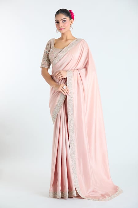 Shop Ridhi Mehra Pink Net Sequins, Zari, Cut Work Floral Border Embroidered Saree With Blouse Online at Aza Fashions Shop_Ridhi Mehra_Pink Net Sequins, Zari, Cut Work Floral Border Embroidered Saree With Blouse _Online_at_Aza_Fashions