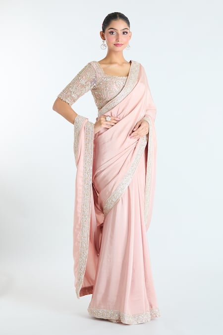 Ridhi Mehra Pink Net Sequins, Zari, Cut Work Floral Border Embroidered Saree With Blouse at Aza Fashions Ridhi Mehra_Pink Net Sequins, Zari, Cut Work Floral Border Embroidered Saree With Blouse _at_Aza_Fashions