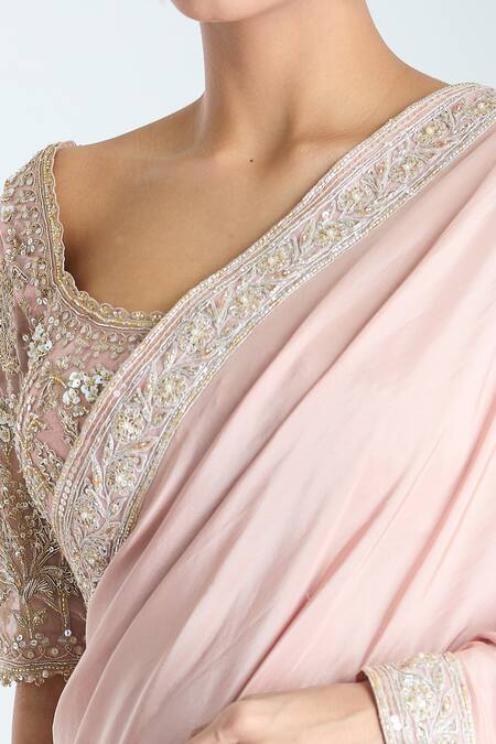 Buy Ridhi Mehra Pink Net Sequins, Zari, Cut Work Floral Border Embroidered Saree With Blouse Buy_Ridhi Mehra_Pink Net Sequins, Zari, Cut Work Floral Border Embroidered Saree With Blouse