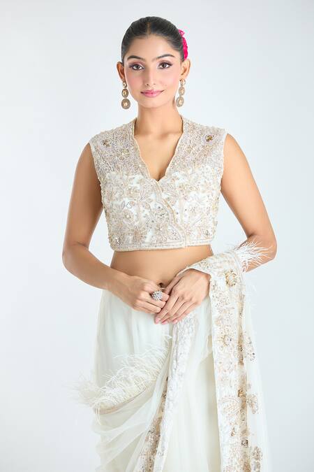 Ridhi Mehra_Ivory Net Sequins, Beads, Embellished Pre-draped Layered Saree With Blouse_Online_at_Aza_Fashions