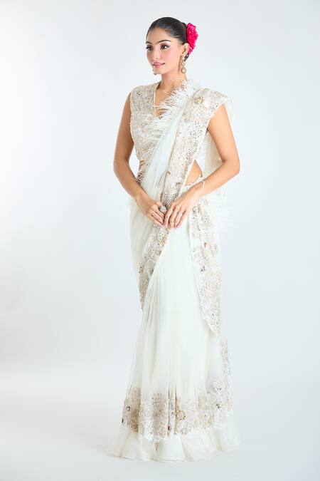 Buy_Ridhi Mehra_Ivory Net Sequins, Beads, Embellished Pre-draped Layered Saree With Blouse_Online_at_Aza_Fashions
