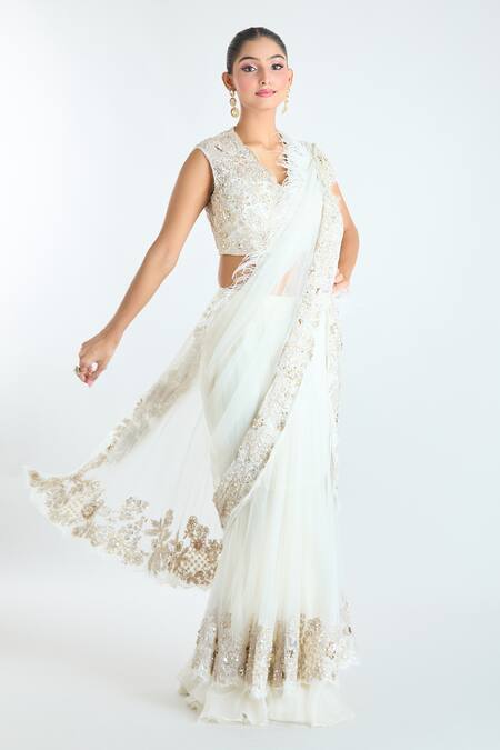 Shop_Ridhi Mehra_Ivory Net Sequins, Beads, Embellished Pre-draped Layered Saree With Blouse_Online_at_Aza_Fashions