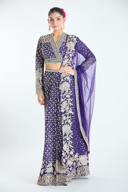 Ridhi Mehra Purple Embroidery Sequin V Neck Work Fishcut Lehenga Set 