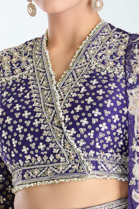 Ridhi Mehra_Purple Chiffon, Silk Sequins, Beads, Zari V-neck Work Fishcut Lehenga Set _Online_at_Aza_Fashions