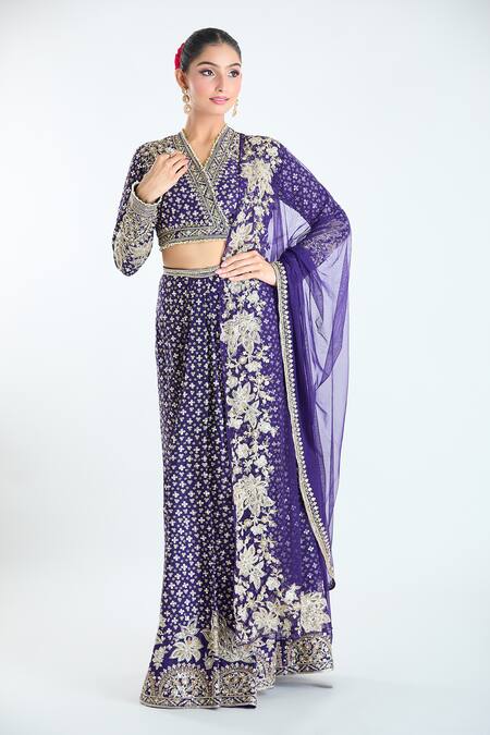 Shop_Ridhi Mehra_Purple Chiffon, Silk Sequins, Beads, Zari V-neck Work Fishcut Lehenga Set _Online_at_Aza_Fashions