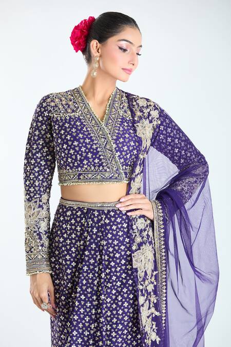 Ridhi Mehra_Purple Chiffon, Silk Sequins, Beads, Zari V-neck Work Fishcut Lehenga Set _at_Aza_Fashions