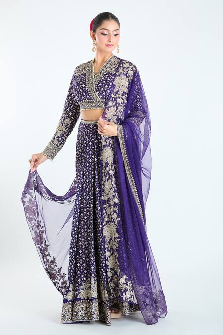 Buy_Ridhi Mehra_Purple Chiffon, Silk Sequins, Beads, Zari V-neck Work Fishcut Lehenga Set 