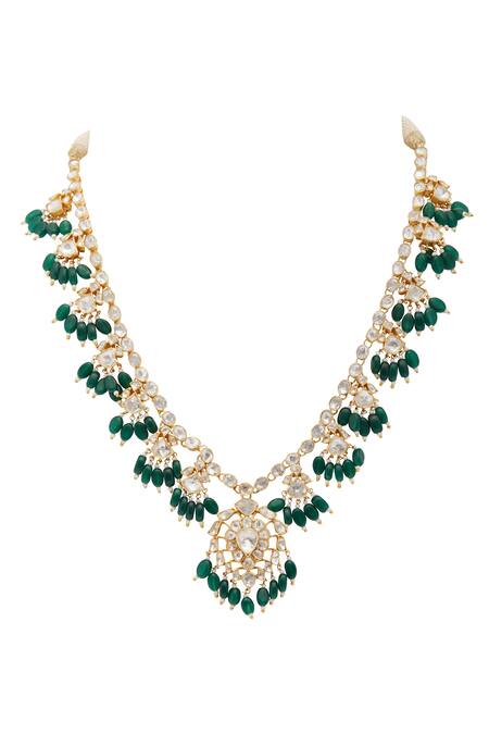 Kaari_Green Vellore Polki And Freshwater Pearl Embellished Jhallar Necklace_Online_at_Aza_Fashions
