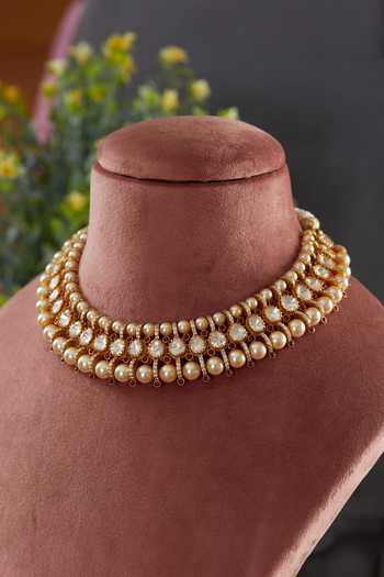 Shop Kaari Gold Plated Lavanya Triple Layered Choker Necklace at Aza Fashions Shop_Kaari_Gold Plated Lavanya Triple Layered Choker Necklace_at_Aza_Fashions