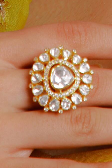 Shop_Kaari_Gold Plated Mirrors, Moissanite Polki Embellished Triangular Motif Ring _Online_at_Aza_Fashions