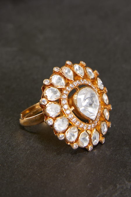 Kaari_Gold Plated Mirrors, Moissanite Polki Embellished Triangular Motif Ring _at_Aza_Fashions