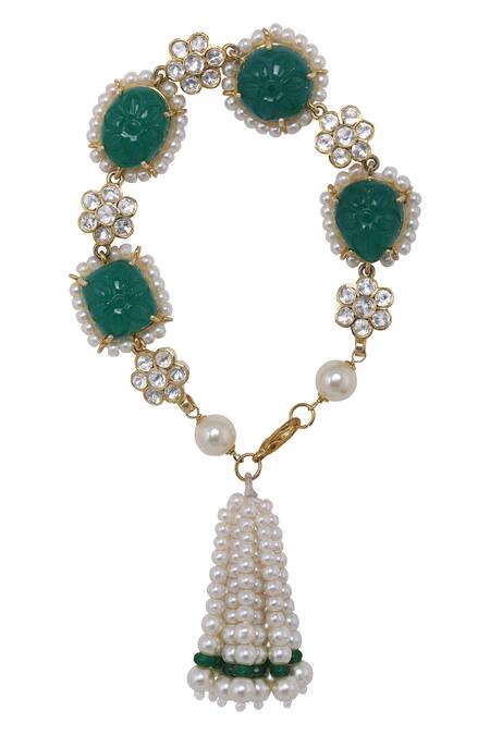 Buy_Kaari_Green Pearls, Stones Chhaya Polki And Embellished Bracelet _Online_at_Aza_Fashions