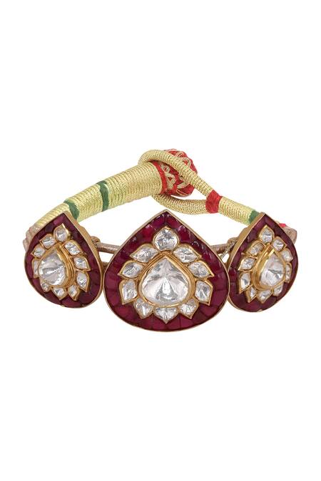 Kaari_Red Diamonds, Crystals Utrai Paan Motif Polki Embellished Poronchi Bracelet_Online_at_Aza_Fashions