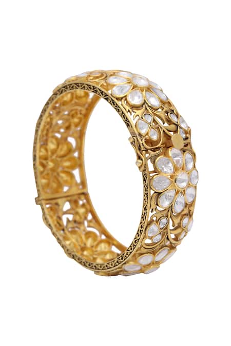 Kaari_Gold Plated Imitation Diamonds Gulnaz Polki Embellished Cutwork Jali Kada _at_Aza_Fashions