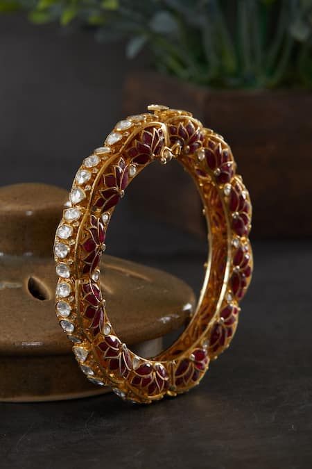 Shop_Kaari_Red Zari, Diamonds Jiyana Lotus Scallop Motif Kada _at_Aza_Fashions