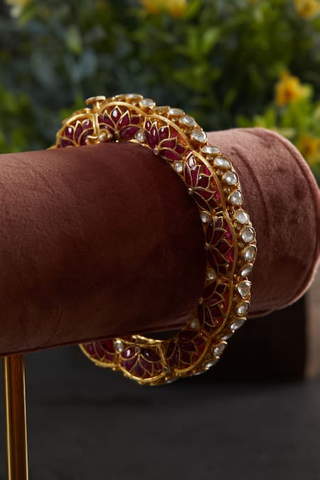 Kaari_Red Zari, Diamonds Jiyana Lotus Scallop Motif Kada _Online_at_Aza_Fashions