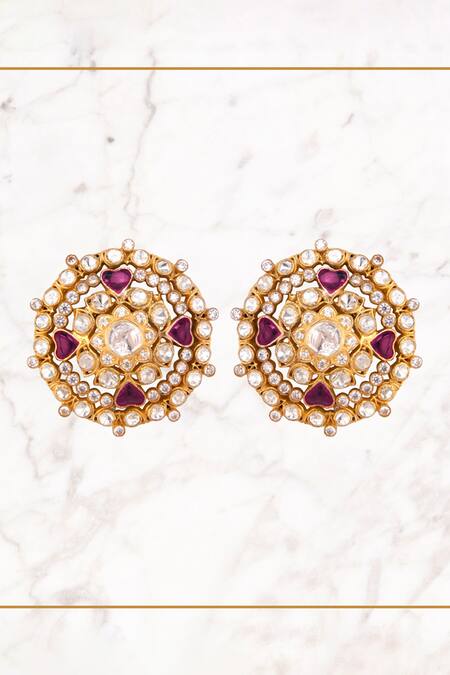 Shop Kaari Red Crystals, Diamonds, Stones Tista Polki Heart Embellished Studs at Aza Fashions Shop_Kaari_Red Crystals, Diamonds, Stones Tista Polki Heart Embellished Studs_at_Aza_Fashions