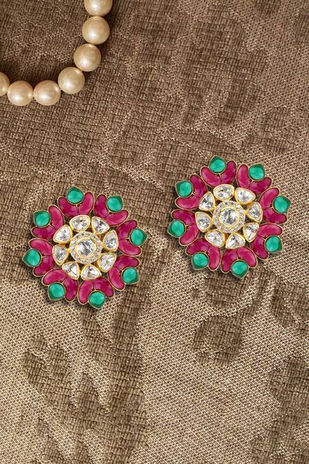 Shop_Kaari_Red Vellore Polki Petal Utarai Studs _at_Aza_Fashions