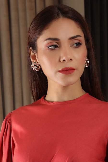 Kaari_Gold Plated Embroidery, Stones Kashvi Phool Utrai Polki Studs _Online_at_Aza_Fashions