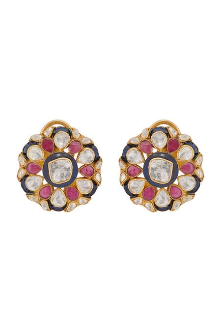 Buy_Kaari_Gold Plated Embroidery, Stones Kashvi Phool Utrai Polki Studs _Online_at_Aza_Fashions
