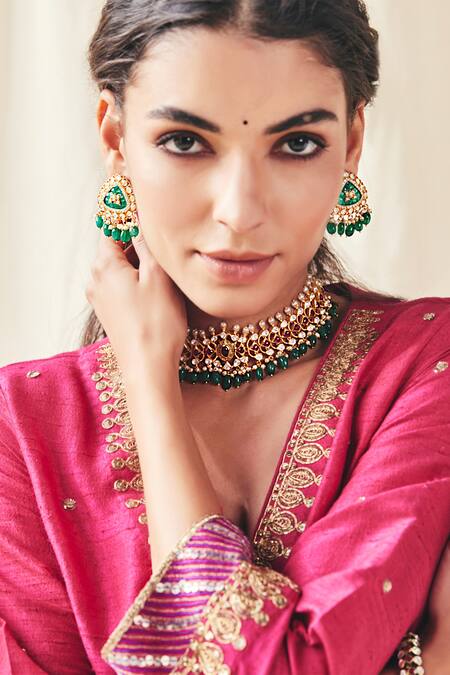 Shop Kaari Red Kasturi Bloom Polki Embellished Choker at Aza Fashions Shop_Kaari_Red Kasturi Bloom Polki Embellished Choker_at_Aza_Fashions