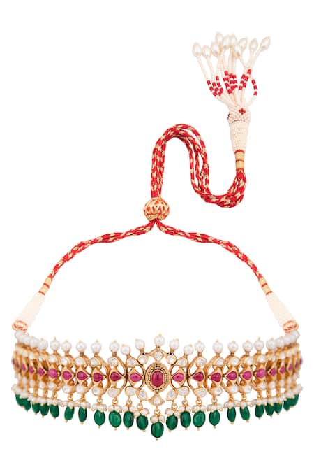 Kaari Red Kasturi Bloom Polki Embellished Choker Online at Aza Fashions Kaari_Red Kasturi Bloom Polki Embellished Choker_Online_at_Aza_Fashions