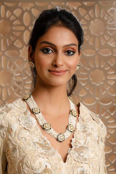 Shop Kaari Blue Pearls, Diamonds Ayat Polki Flora Necklace Set at Aza Fashions Shop_Kaari_Blue Pearls, Diamonds Ayat Polki Flora Necklace Set_at_Aza_Fashions