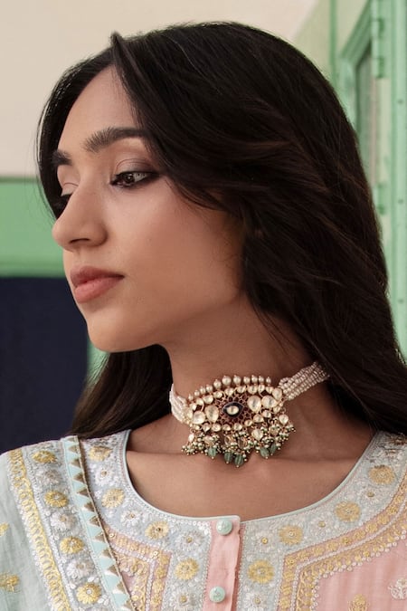 Buy_Kaari_Red Vellore Polki Raabia Petal Bloom Choker _Online_at_Aza_Fashions