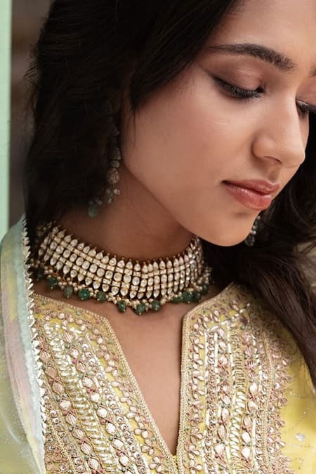 Kaari_Gold Plated Vellore Polki Taal Drop Choker _Online_at_Aza_Fashions