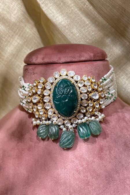 Kaari_Gold Plated Zeenat Carved Stone Polki Embellished Choker _at_Aza_Fashions