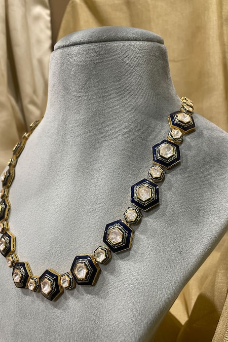 Kaari_Gold Plated Neelambari Enamelled Polki Long Necklace _Online_at_Aza_Fashions
