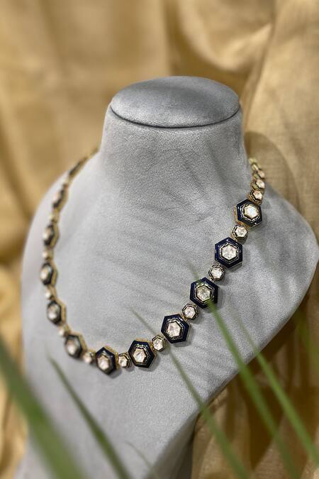 Buy_Kaari_Gold Plated Neelambari Enamelled Polki Long Necklace _Online_at_Aza_Fashions