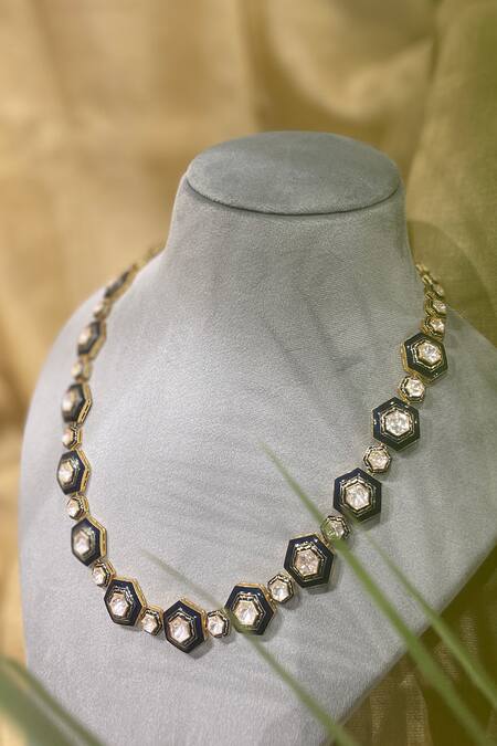 Shop_Kaari_Gold Plated Neelambari Enamelled Polki Long Necklace _Online_at_Aza_Fashions