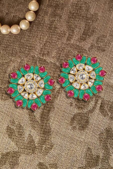 Shop_Kaari_Gold Plated Vellore Polki Fatima Bloom Utrai Studs _at_Aza_Fashions