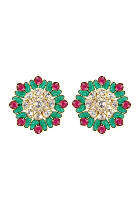 Buy_Kaari_Gold Plated Vellore Polki Fatima Bloom Utrai Studs _Online_at_Aza_Fashions