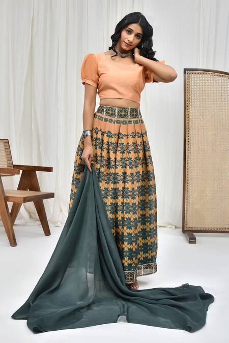 Pheeta_Orange Blouse Muslin Printed Floral Notched Geometric Lehenga Set_Online_at_Aza_Fashions