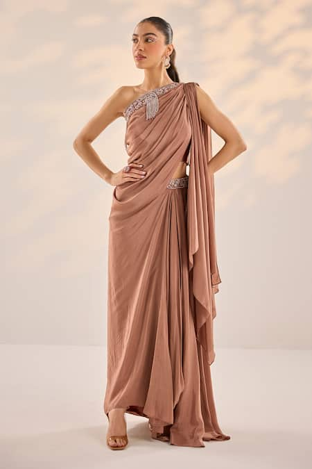 Label RSD Brown Top And Skirt Crepe Embellished Pearl Top Border Asymmetric Draped Set 