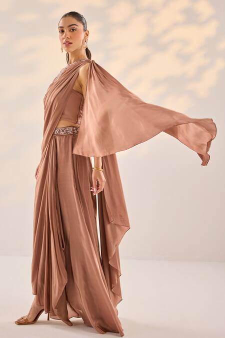 Label Rsd_Brown Lycra, Crepe Pearls, Embellished Border Asymmetric Top Draped Skirt Set_Online_at_Aza_Fashions