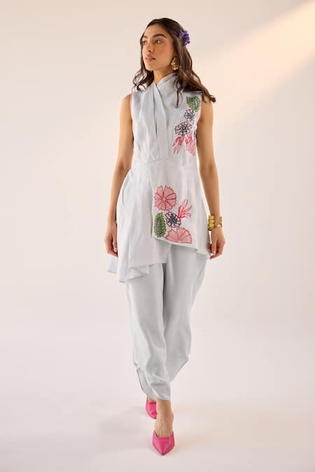 Label RSD Threadwork Floral Asymmetric Kurta With Draped Pant 