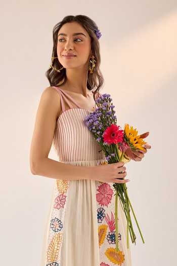 Label Rsd Off White Chanderi Embellished Pearl Sweetheart Floral Applique Cutwork Dress 3