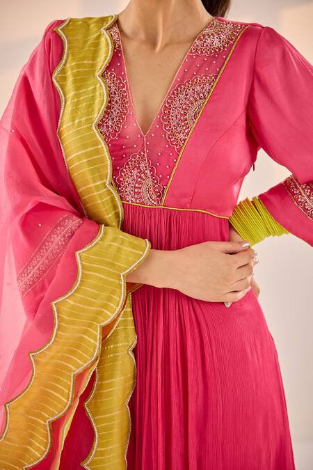 Shop Label Rsd Pink Satin Georgette Embroidery Bloom V Neck Lunar Anarkali Palazzo Set Online at Aza Fashions Shop_Label Rsd_Pink Satin Georgette Embroidery Bloom V Neck Lunar Anarkali Palazzo Set_Online_at_Aza_Fashions